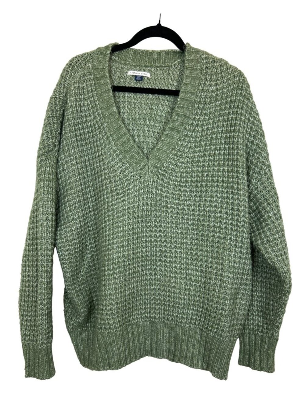 American Eagle Waffle Knit Sweater Women's S Green V Neck Oversized Chunky Cozy